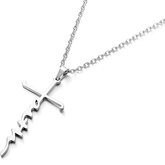 New Stainless Steel Cursive Faith Cross Religious Silver Minimalist Necklace - Picture 11 of 13